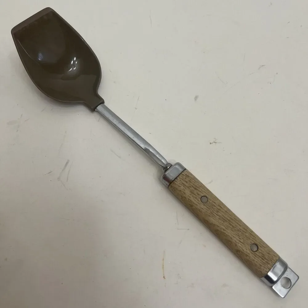 Vintage Wooden Handled Kitchen Spoon Brown Plastic MCM Cooking Utensil